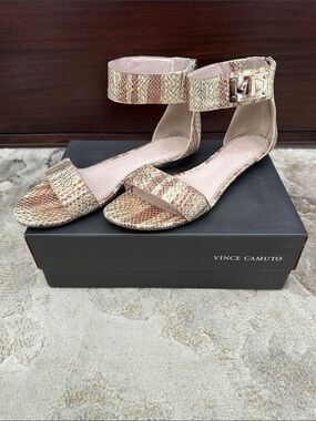 Vince Camuto Metallic Rose Gold Snake-Print Ankle Strap Sandals